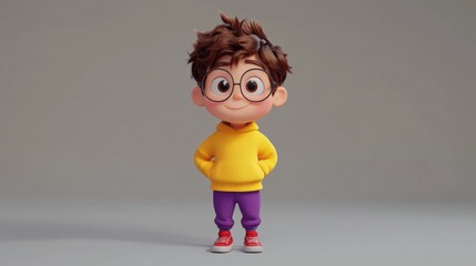 Aufkleber - Boy with glasses and brown hair wearing a yellow sweater and purple pants stands confidently with hands on hips. Generative AI