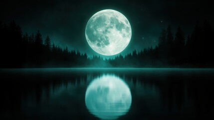 an enchanting full moon casts its glow over a tranquil lake, surrounded by dark trees, creating a se