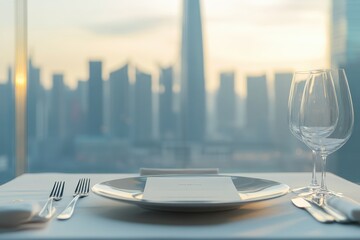 Poster - High rise dining table with skyline view at sunset in urban city setting. Generative AI
