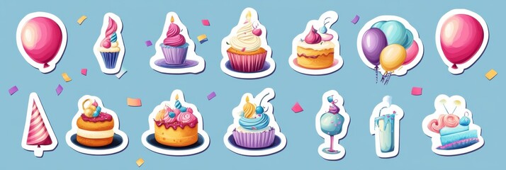 Poster - Festive collection of colorful stickers featuring balloons, cakes, and party hats perfect for celebrations and events. Generative AI