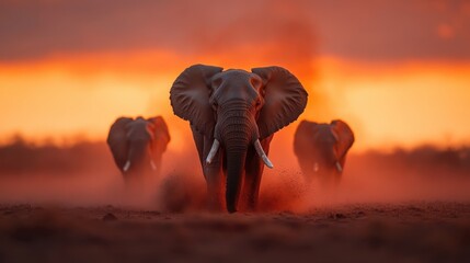 Wall Mural - this breathtaking image captures majestic elephants walking gracefully through a dusty landscape dur