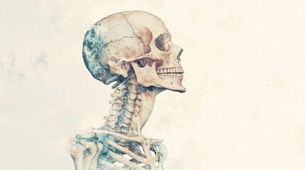 Aufkleber - Realistic human skeleton in profile view with detailed anatomical features displayed against a soft background. Generative AI