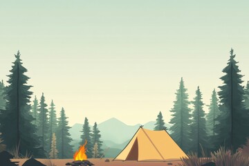 Poster - Serene camping setup in a forest clearing with a campfire and mountains in the background during the early evening. Generative AI