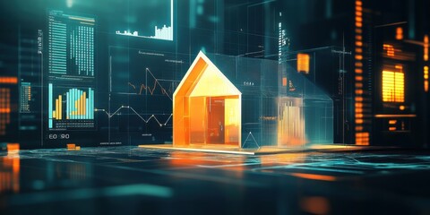 Wall Mural - smart home technology futuristic digital house model with data visualization and network connections