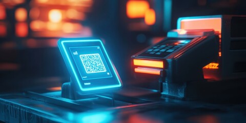 futuristic neon-lit point of sale system with qr code display: cyberpunk retail technology