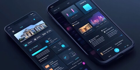 Wall Mural - smart home mobile app interface design: modern dark ui ux for property management and energy monitor