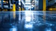© Tom - A close-up view of a polished industrial floor, showcasing reflections and a shiny surface under bright warehouse lighting.