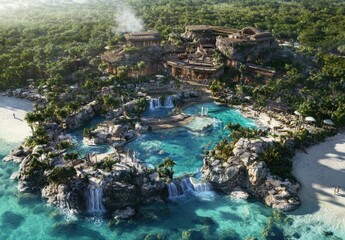 Wall Mural - A wide aerial view of the beach and sea in Mexico, overlooking an ultra-luxury hotel resort with limestone walls and bronze accents.