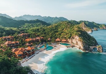 Wall Mural - A wide aerial view of the beach and sea in Mexico, overlooking an ultra-luxury hotel resort with limestone walls and bronze accents.