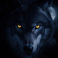 Poster - Majestic wolf with glowing eyes under a full moon in a dark forest at night. Generative AI
