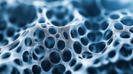 An abstract close-up of a translucent, blue-toned mesh structure, showcasing an intricate web of interconnected cells and voids.