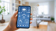 © Mahmud - A smartphone displaying a smart home automation app, held by a female hand, with a home interior visible in the background