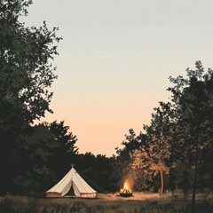 Aufkleber - Relaxing evening camping experience near a crackling campfire in a serene forest landscape at dusk. Generative AI