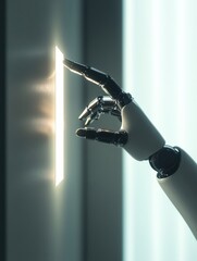 Aufkleber - Robotic hand interacts with virtual glowing button in futuristic environment showcasing advanced technology. Generative AI