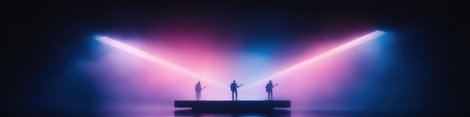 Wall Mural - vibrant scene of band performing on futuristic floating platform illuminated by beams of colorful lights