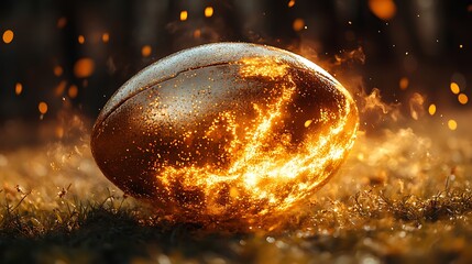 Wall Mural - Smooth metallic golden rugby ball reflecting light dynamically in a soft environment