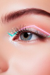 Wall Mural - macro shot of glitter-specked eyelashes with neon eyeliner in bold geometric shapes