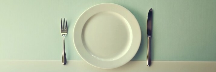 Aufkleber - Empty plate and utensils arranged on a table ready for dining during a quiet meal time. Generative AI