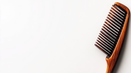 Fototapete - Close up view of a wooden comb with hair strands on a neutral background and space for additional text or information. Generative AI
