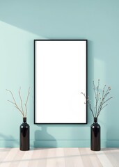 A blank canvas in a black frame hangs on a teal wall with two black vases with dried branches in a minimalist room wall art mockup interior wall frame mockup art home empty modern decoration poster