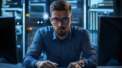 Focused Programmer at Work: Intense gaze of a software developer in a data-filled environment, coding and concentrating on complex algorithms.