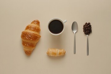 Aufkleber - Delicious breakfast flat lay featuring croissants, coffee, and coffee beans in a minimalist setting. Generative AI