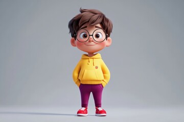 Aufkleber - Cheerful 3D cartoon boy with glasses and brown hair in a cozy yellow hoodie standing confidently indoors. Generative AI