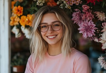 Wall Mural - A smiling blonde woman wearing glasses and a pink shirt stands near hanging flowers