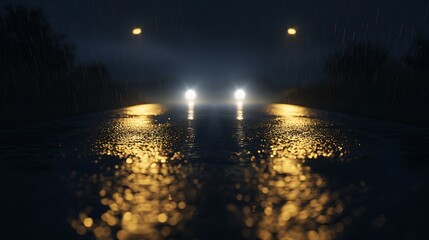 Wall Mural - a close-up of car headlights illuminating a dark rural road at night