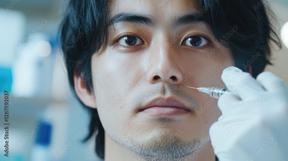Asian Injection Mark Young asian male receiving cosmetic facial injection in medical setting ...
