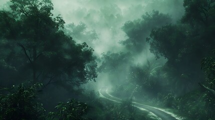 Wall Mural - a road through a dense forest with mist rising off the ground