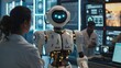 © PixelNest - A humanoid robot interacting with a group of engineers in a high-tech lab, its glowing sensors and mechanical components visible, while AI algorithms run on nearby monitors.