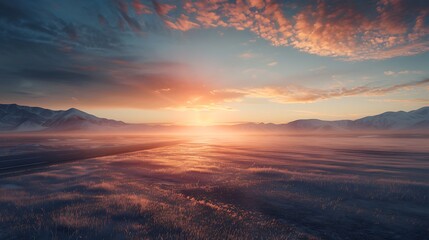 Wall Mural - a sunset over an empty road with distant mountains and a light mist rising from the ground