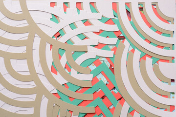 Wall Mural - layered, abstract machine-cut paper patterns with concentric arc and angular shapes 