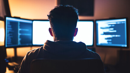 A programmer in a hoodie works on multiple monitors, immersed in coding and software development technology