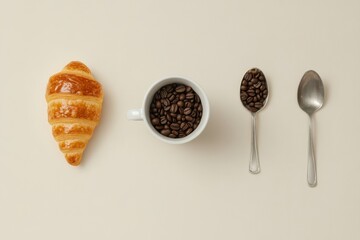 Aufkleber - Croissant and coffee beans flat lay showcasing breakfast essentials on a neutral background. Generative AI