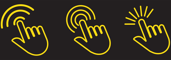 Computer mouse click cursor black line and flat arrow and hand icons set. Mouse pointer modern, simple, waiting or loading vector