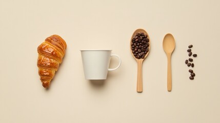 Aufkleber - Delicious breakfast with croissant, coffee cup, and coffee beans arranged in a neat flat lay design. Generative AI