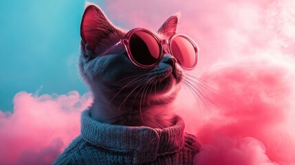 A cat wearing sunglasses and a sweater is standing in front of a cloud of smoke. The image has a playful and whimsical mood, as the cat is dressed up in human-like clothing and accessories