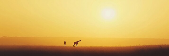 Poster - Sunset silhouette of a person and a giraffe in an open landscape during golden hour. Generative AI