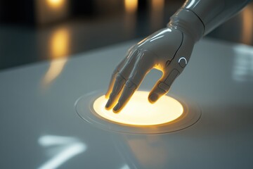 Leinwandbilder - Robotic hand interacts with a glowing virtual button in a futuristic environment during advanced technology demonstration. Generative AI
