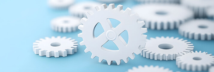 Wall Mural - white gears on a blue background representing collaboration, precision, and interconnectedness. symb