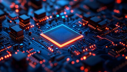High-tech circuit board background, abstract digital technology presentations, electronic components, digital infrastructure, blue tech theme, modern electronics evolution expansion background image