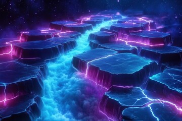 Wall Mural - iridescent crystalline hexagons forming a flowing digital waterfall with neon energy streams connecting nodes ultraviolet and cyan glow against deep space background