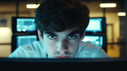 A focused individual intensely stares at a computer screen, immersed in digital work or gaming technology or programming