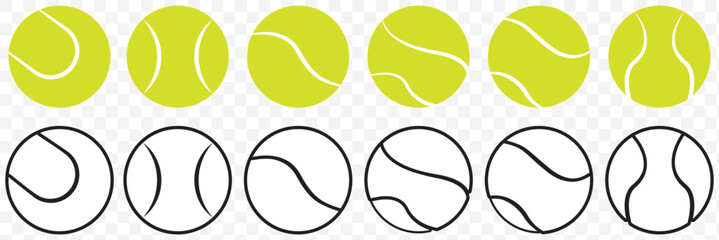 Set with tennis balls vector icons. Tennis balls black and yellow collection. Sport game. Tennis ball icon isolated on white background. Sport symbol. Fitness, competition, for UI design. EPS 10.