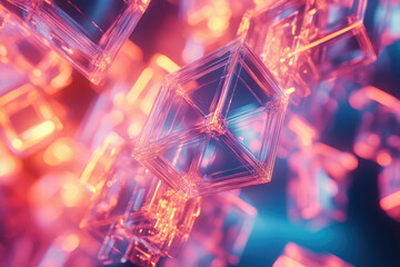 Poster - Glowing, transparent cubes float in a vibrant pink and blue neon light, creating an abstract digital art scene.
