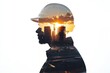 © Nico - Double Exposure of Construction Worker and City Skyline at Sunset for Inspirational Stock Imagery