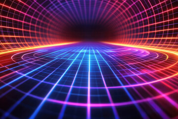 Poster - Abstract digital tunnel with vibrant neon grid lines, creating a futuristic and energetic visual.