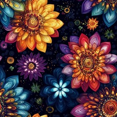 Wall Mural - Seamless Pattern - Vibrant floral pattern, rich colors, intricate details.